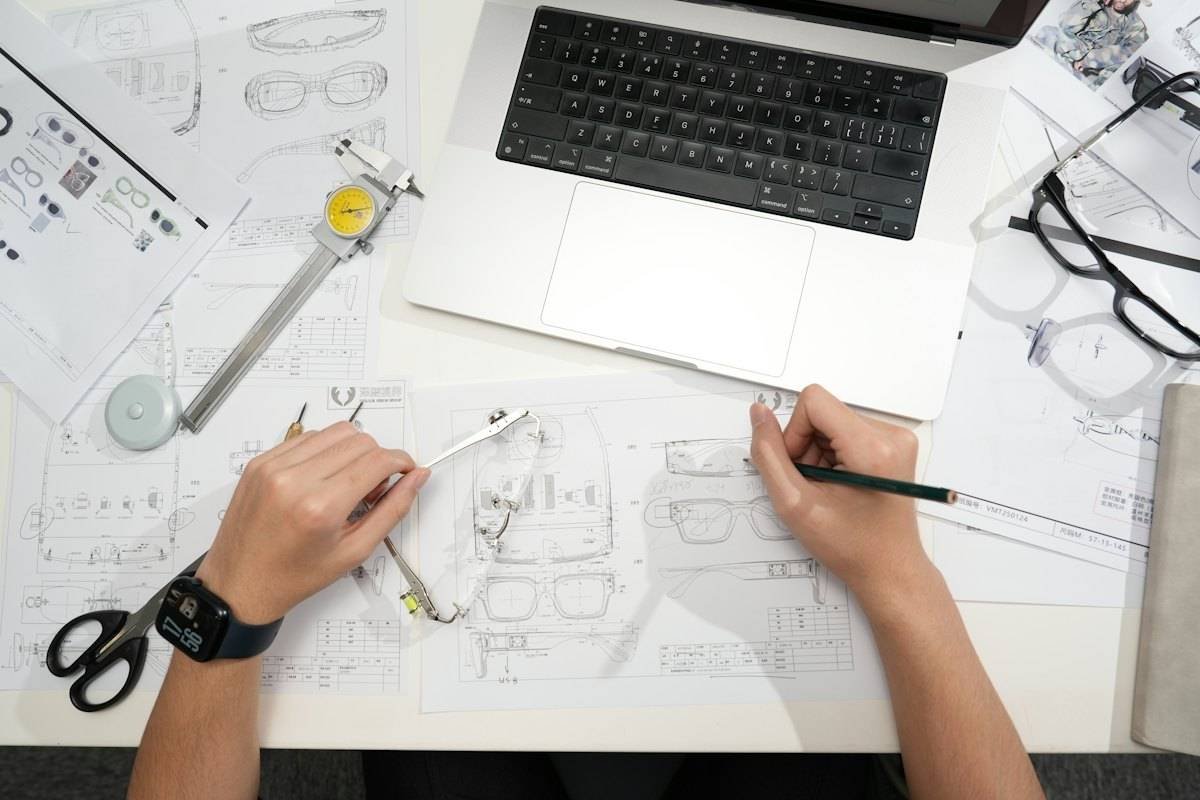 Designer sketching eyewear with callipers and technical drawings